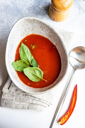 Traditional Spanish soup of tomato gazpacho, top view