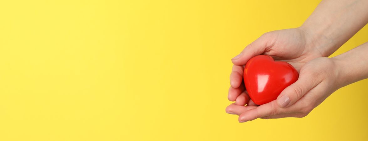 Female hands hold heart on yellow background. Health care, organ donation