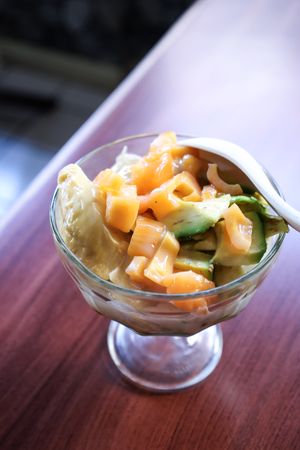 Es Teler Durian, Indonesian Fresh Dessert made from Coconut Milk with Jackfruit, Avocado, and Durian Topping.