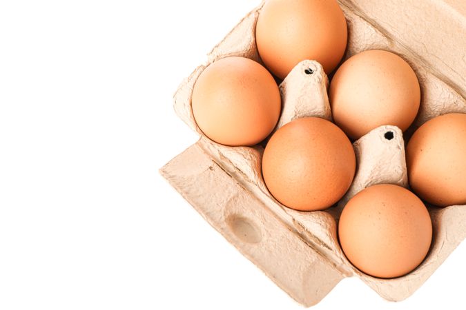 Brown chicken eggs in carton box isolated on light background, top view