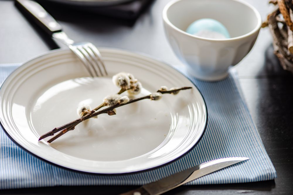 Pussy willow on table setting for Easter