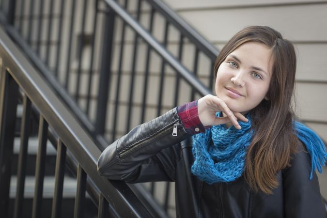 Portrait of Young Girl Weather Leather Jacket