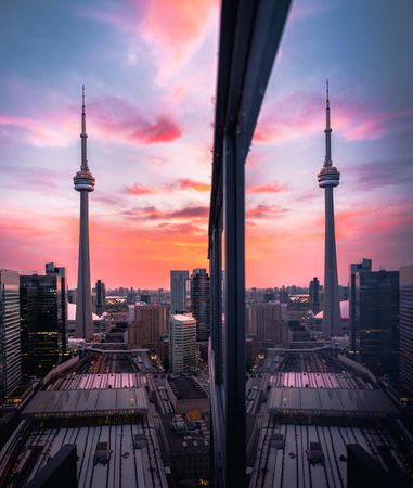 Reflection on Toronto cityscape during sunset