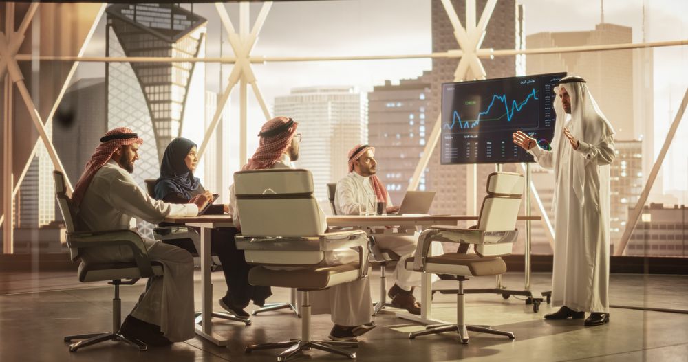 Diverse Muslim Office Conference Room: Middle Eastern CEO Makes a Presentation for Entrepreneurs