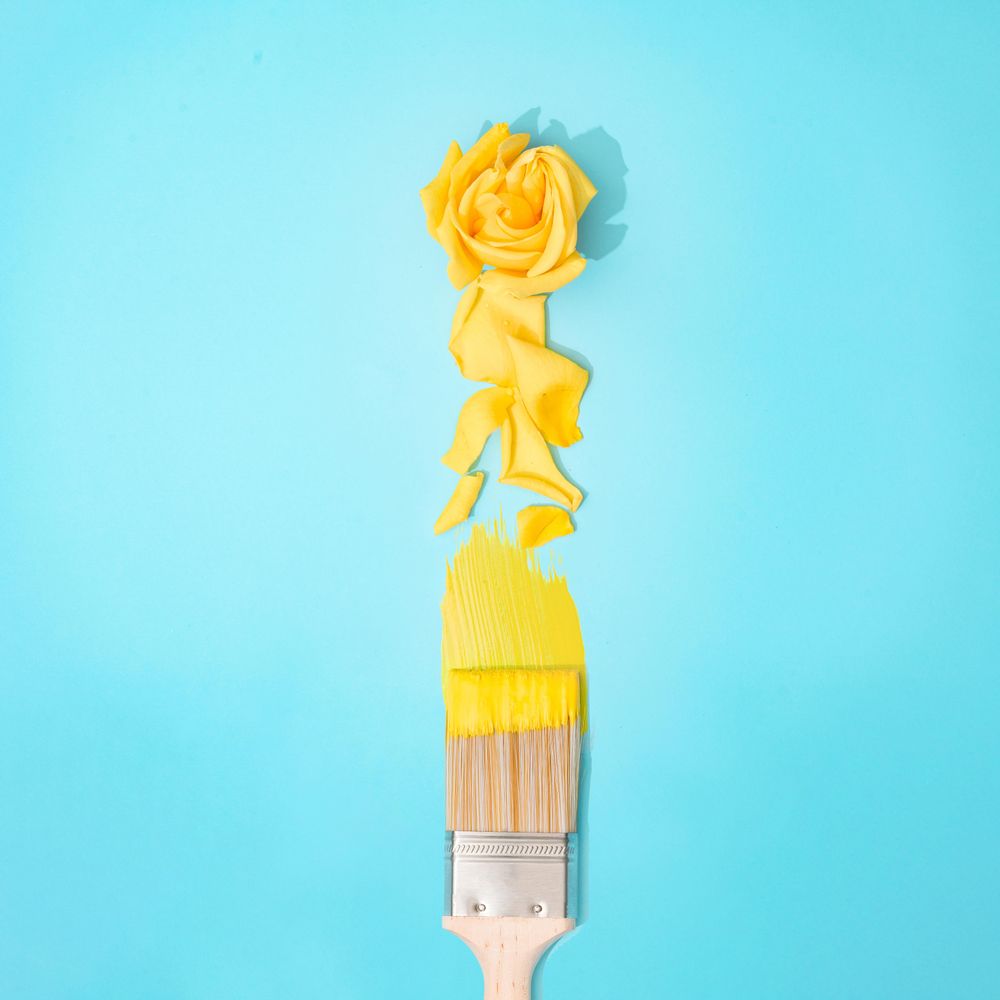 Paint brush with yellow rose flower and petals