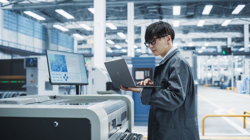 Asian man standing with laptop