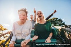 Enthusiastic young friends riding roller coaster ride at amusement park 482Lq0