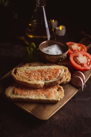 Spices and vegetables near toasts