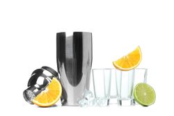 Concept of preparing alcohol drink or cocktail, shaker, isolated on plain background