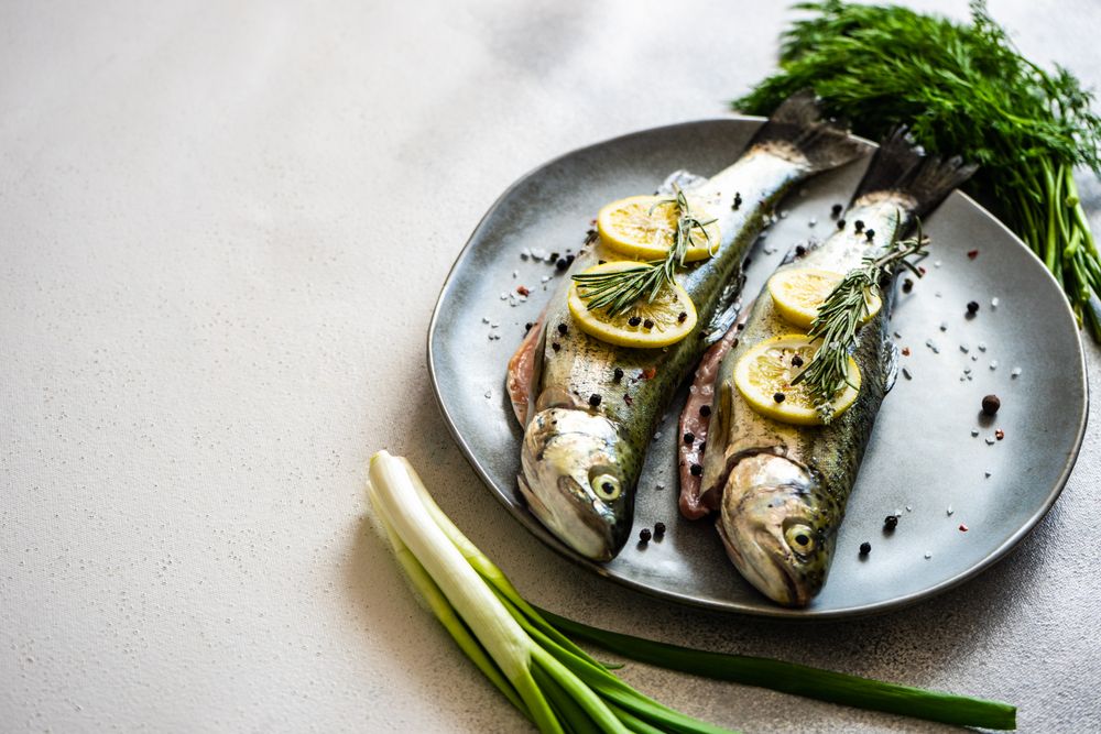 Two trout fish ready for cooking with lemon, onion and herbs