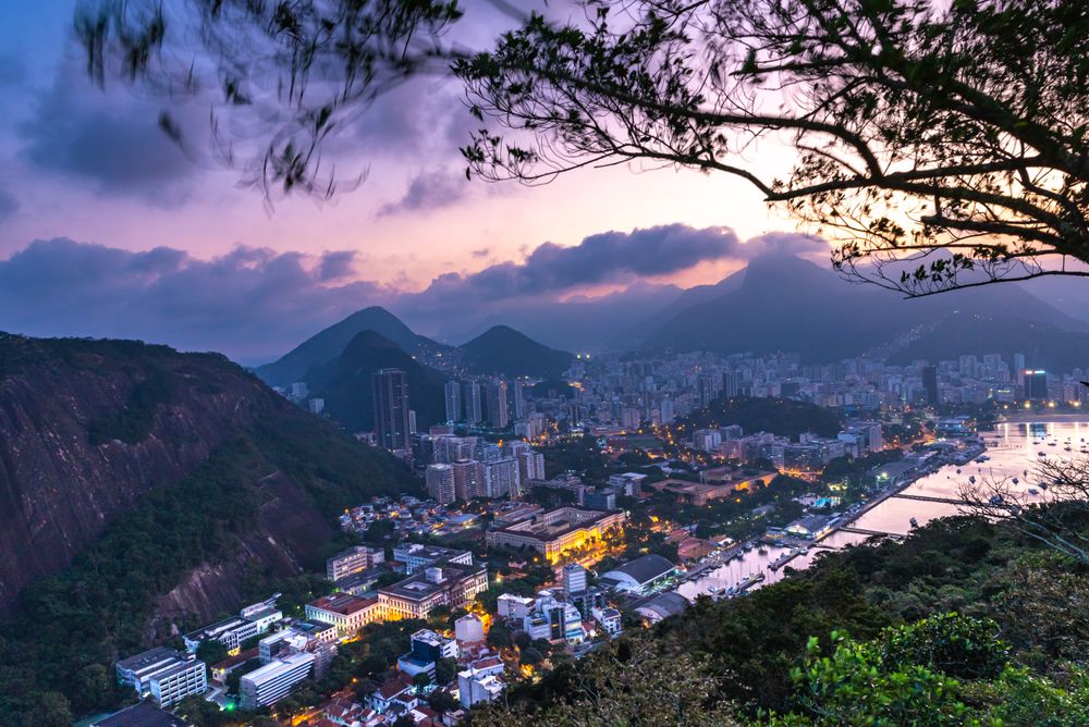 Aerial view of cityscape at sunset