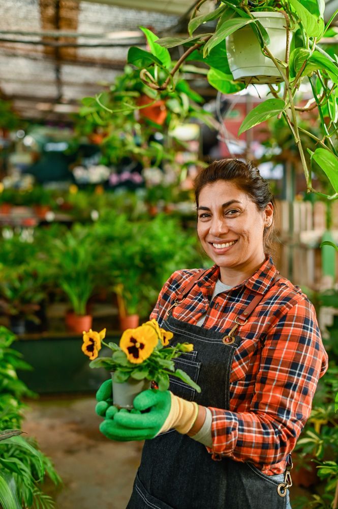 Smiling woman with potted flowers in greenhouse