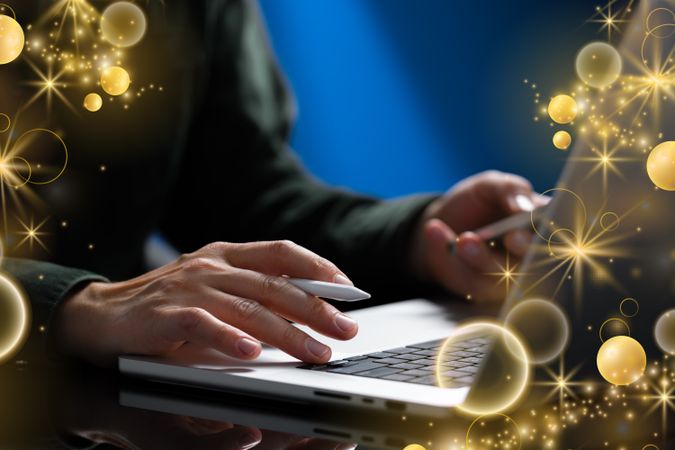 Businessman working laptop with holiday decor