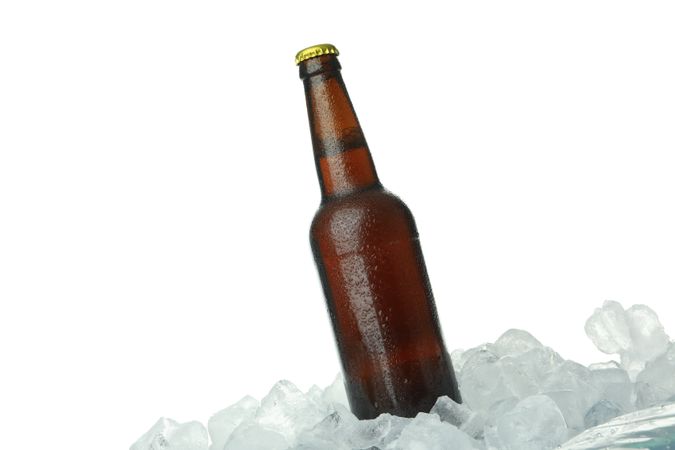 Brown glass bottle on pile of ice on plain background