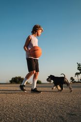 Boy holding basketball on asphalt near Miniature Schnauzer
