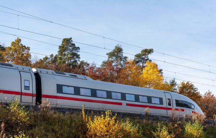 German high speed train traveling on a sunny autumn day near Nuremberg