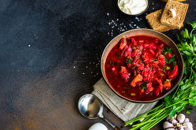 Ukrainian beetroot soup borscht on grey counter with copy space