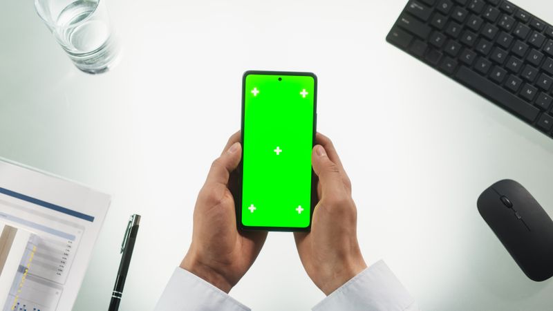 Anonymous Person Using a Smartphone with Mock Up Green Screen Chromakey Display with Placeholders. Man Holding Cellphone Vertically with Both Hands, Swiping and Tapping on the Phone. Top Down View