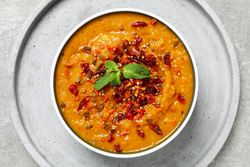 Concept of tasty food, sweet potato puree, top view