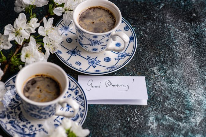 Morning coffee for couple with cherry blossom