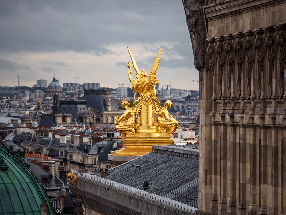 Panorama of Paris. Top view of the roofs of houses. Classic view of Paris - tiled roofs and chimneys.