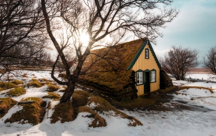 Landscape of turf church Hofskirkja in iceland