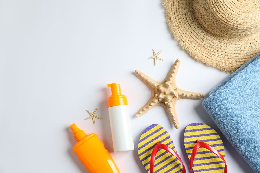 Summer vacation composition on plain background. Space for text, top view