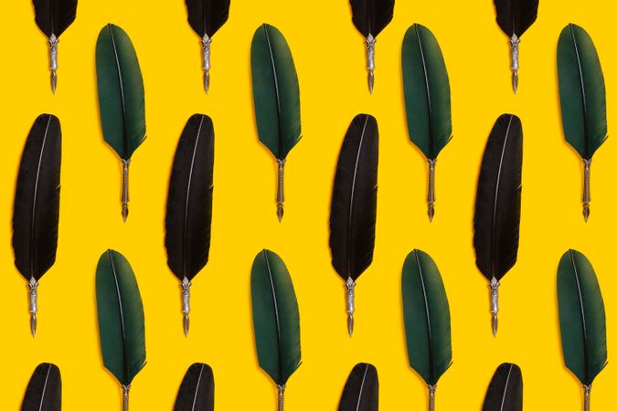 Green quill pens  on yellow background