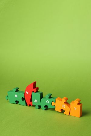 Puzzle pieces spelling “memory” on green background, vertical