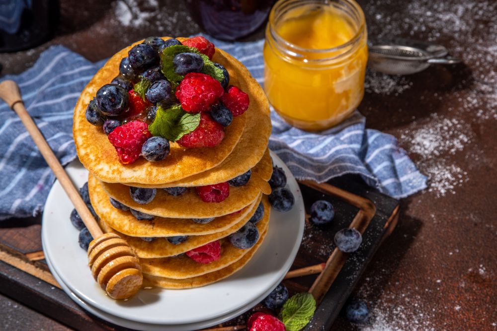 Stack of pancakes with berries