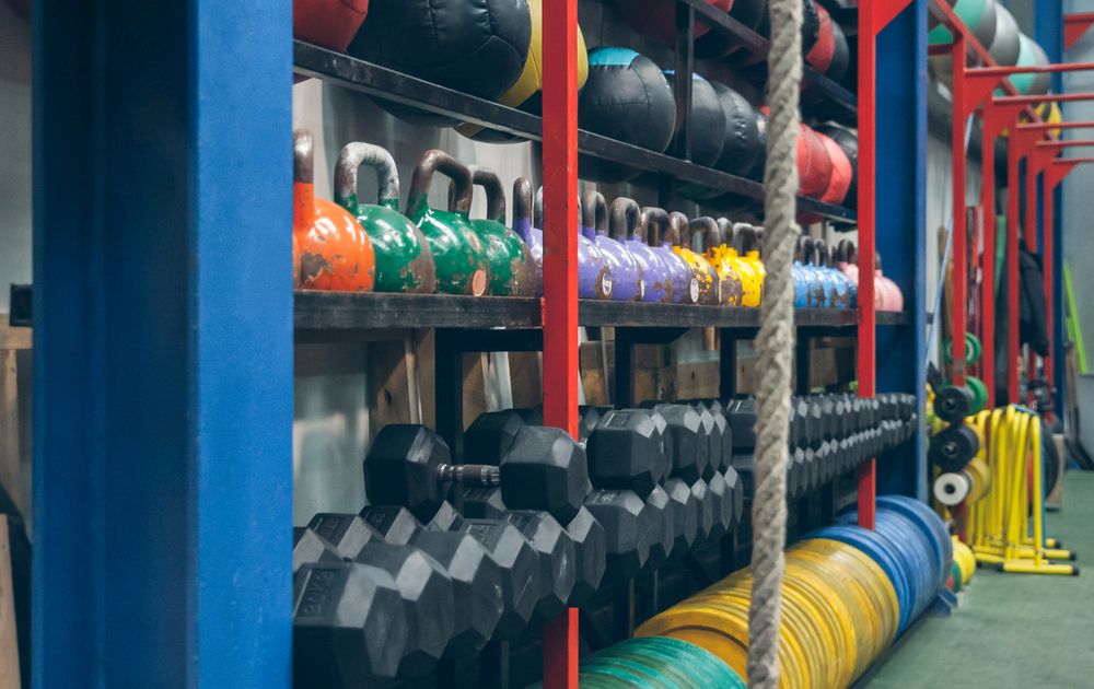 Shelves with sports equipment indoor