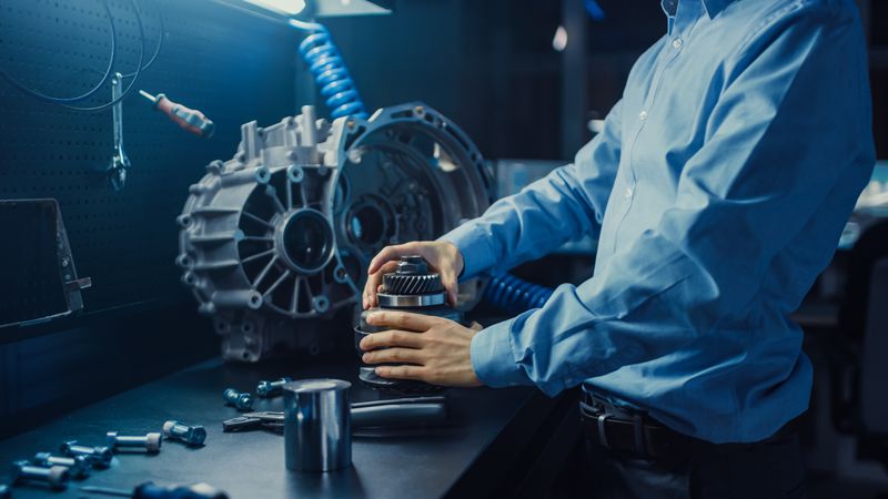 Professional Automotive Engineer in Glasses is Working on Transmission Gears in a High Tech Innovative Laboratory with a Computer Screens.
