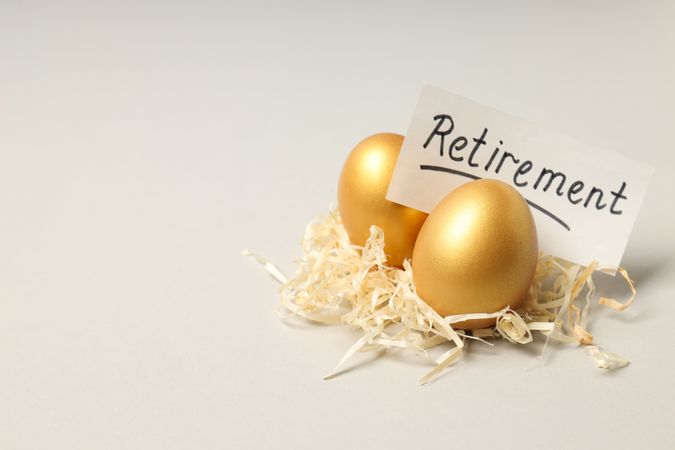 Golden eggs, pension savings, investments, retirement, space for text