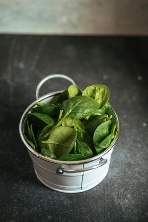 Fresh spinach on a rustic  metal crockery bowl