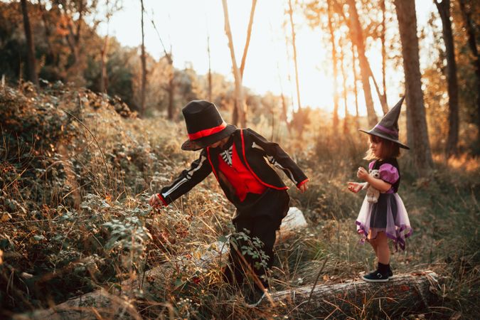 Brother and sister dressed as witch and skeleton playing on log in the forest