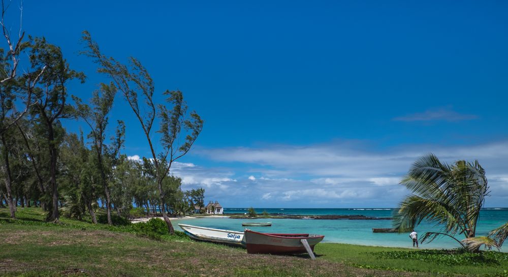 Quiet lagoon with fisherman boats in the Indian Ocean