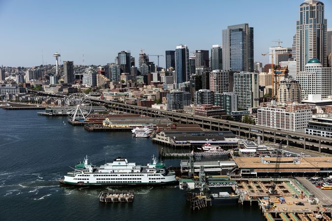 Aerial view of the waterfront and ferry terminal, Seattle, Washington