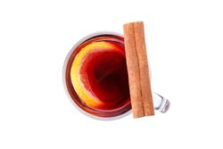 Glass of tasty mulled wine isolated on plain background, top view