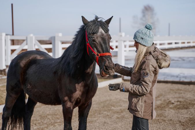 Warm dressed woman with brown horse by hay