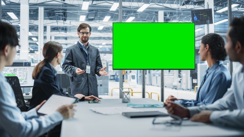 Electronics Factory Office Meeting: White Engineer Giving Presentation On TV With Green Screen Chromakey On Display.