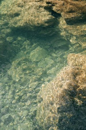 Autumn leaves on rough shore near clean water