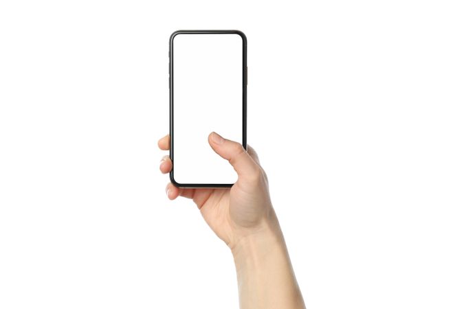 Female hand holding phone with empty screen, isolated on plain background