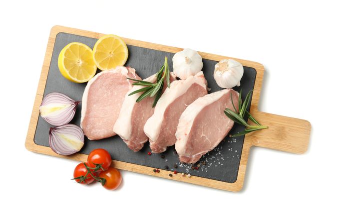 Raw meat for steak and ingredients isolated on blank background