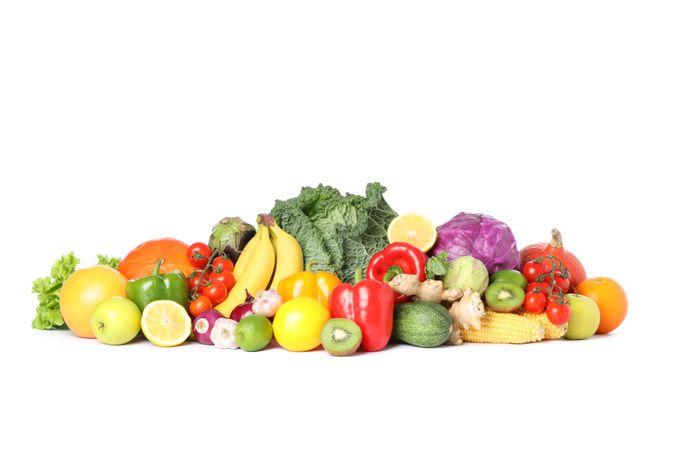 Composition with fresh vegetables and fruits isolated on blank background