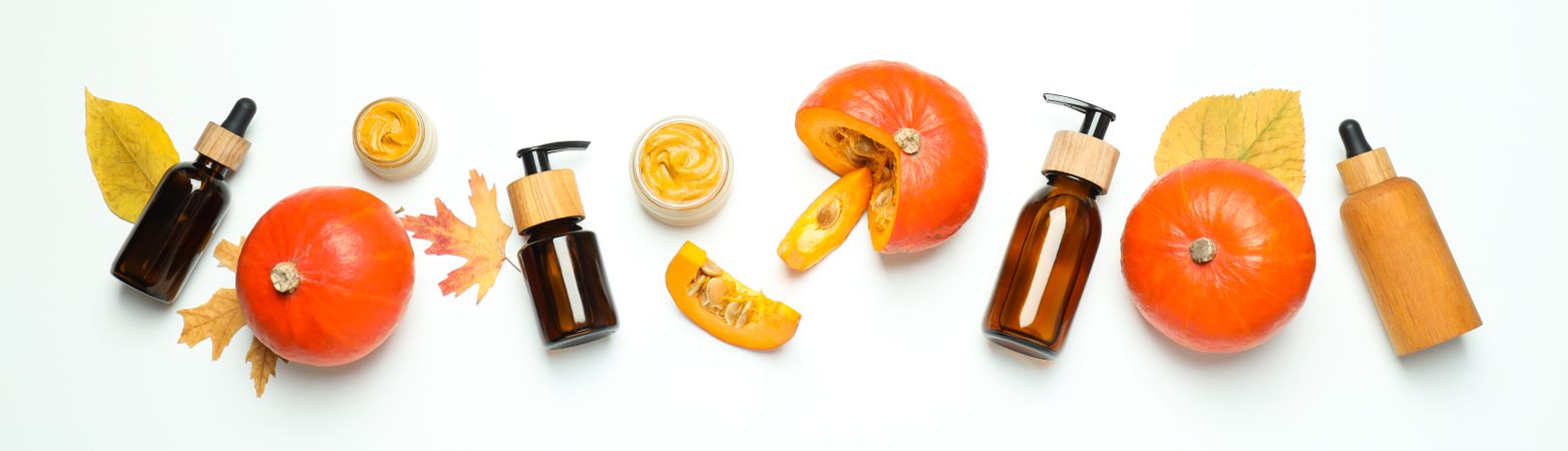 Concept of different cosmetic products, Pumpkin cosmetics, top view