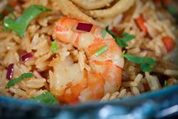 Delicious fried rice with shrimp in bowl