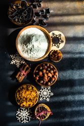 Top view of cookie ingredients in bowls