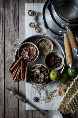Spices and dry mushrooms on board