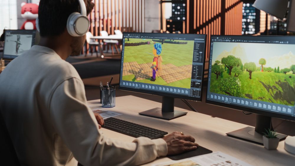 Indian Male Game Designer Using Desktop Computer With 3D modelling Software To Design Characters And World For Immersive Adventure Video Game.