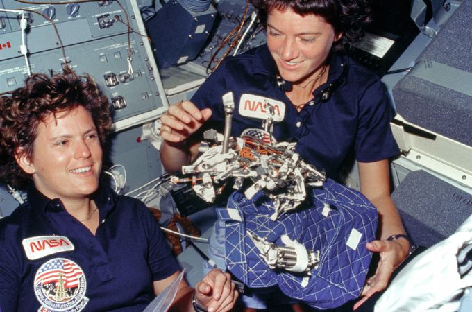 Astronauts Sally Ride and Kathryn Sullivan aboard the Space Shuttle Challenger